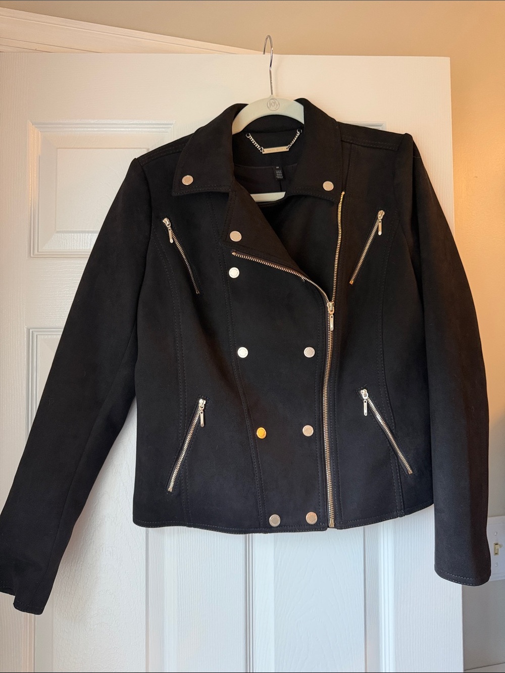 White House Black Market Black Faux-Leather Moto Jacket with Silver Hardware